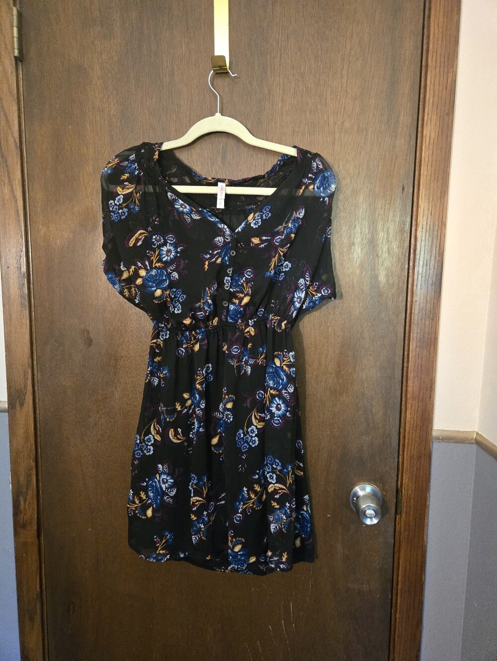 Xhilaration Black Mini Dress with Blue & Gold Floral Print Medium